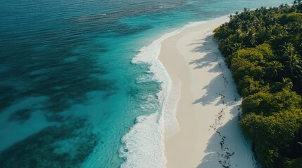 Aufkleber - Aerial view of tranquil beach with turquoise waters and waves crashing on shore ideal for travel and relaxation themes