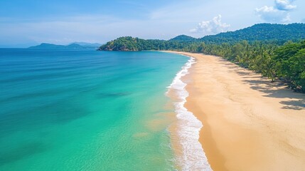 Poster - Aerial perspective of a pristine tropical beach featuring golden sands and gentle waves in a serene coastal landscape