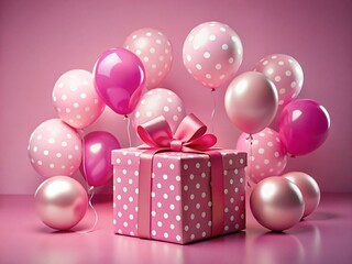 Wall Mural - Pink Gift Box with White Polka Dots & Pink Balloons - Festive Background