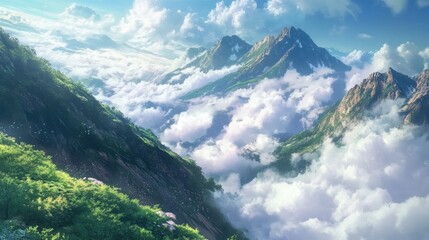 Poster - Majestic mountain landscape with stunning clouds and lush greenery under a bright sky