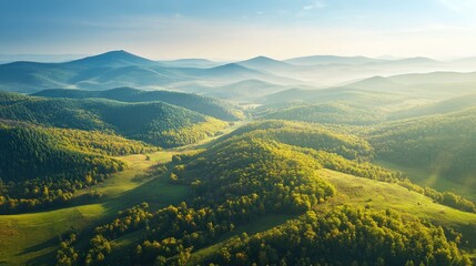 Poster - Aerial view of lush green mountain landscape during autumn with technology elements and ample copyspace for text placement