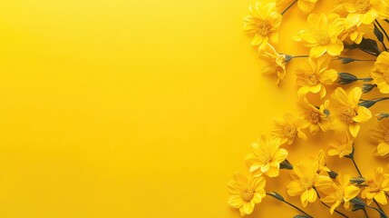 Poster - Aerial view of a bright yellow background adorned with vibrant flowers creating an inviting space for text or design elements.