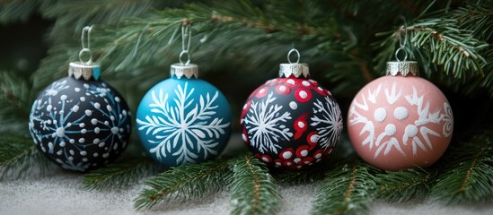 Poster - Hand painted glass Christmas ornaments with snowflake designs hanging from a fir tree branch in a festive holiday setting with blank text space