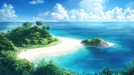 Aufkleber - Aerial view of tropical island showcasing pristine white sand beach and vibrant blue ocean in a serene digital artwork setting