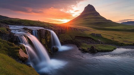 Poster - Stunning sunrise over waterfall with flowing water and majestic mountain backdrop captured with long exposure technique