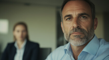 Wall Mural - Male manager with an intense look, leaning on a table in a spacious office, while a subordinate nervously explains something.