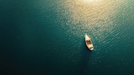 Poster - Aerial view of a serene turquoise ocean with a small boat sailing on sunlit water surface and visible coral reef below.