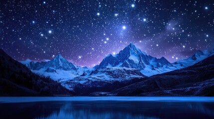 Poster - Stunning night sky filled with stars over a snowy mountain range reflecting in a tranquil lake