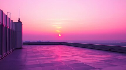 Poster - Stunning rooftop sunrise with vibrant pink sky illuminating the horizon at dawn showcasing serene urban landscape tranquility