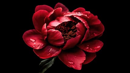 Poster - Elegant red peony flower with raindrops on petals against a black background showcasing beauty and freshness in floral photography