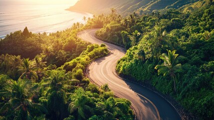 Poster - Aerial view of winding coastal mountain roads surrounded by lush greenery ideal for automotive backgrounds and text placement