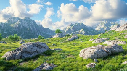 Fototapete - Stunning view of rugged rocky mountains surrounded by lush green grass under a blue sky with fluffy clouds in a serene natural park.