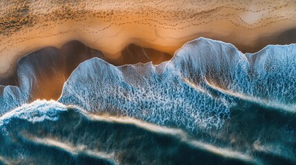 Poster - Aerial view of rolling ocean waves meeting sandy shore under golden sunlight in a tranquil beach setting