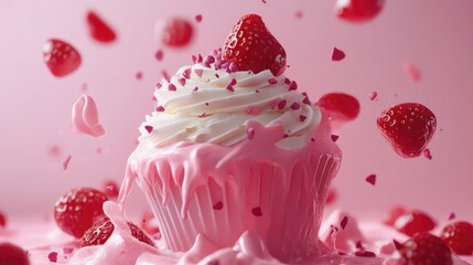 Aufkleber - Delicious pink frosting cupcake garnished with fresh strawberries and vibrant sprinkles on a pink background showcasing a sweet dessert theme.