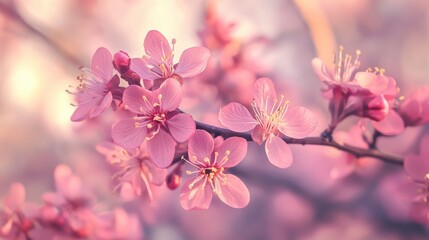 Poster - Cherry Blossom Branch with Delicate Pink Flowers in Soft Spring Light