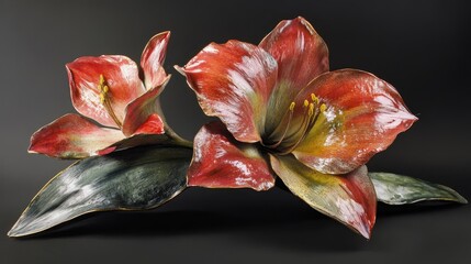 Aufkleber - Elegant amaryllis flower arrangement with vibrant red petals and lush green leaves against a dark background showcasing floral beauty.