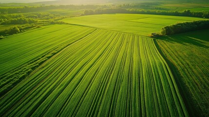 Poster - Aerial perspective of lush green farmland landscape showcasing rows of crops and ample space for text or creative design elements