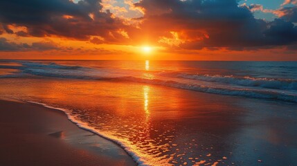 Aufkleber - Breathtaking Sunset Reflection on Serene Beach with Waves and Colorful Sky