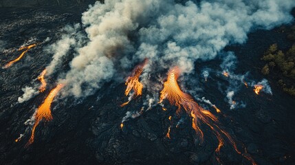 Poster - Aerial View of Active Volcano Lava Flow and Smoke with Space for Text in Dramatic Natural Landscape