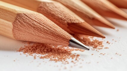 Poster - Close up of sharpened wooden pencils and shavings on a clean white background showcasing fine details and craftsmanship