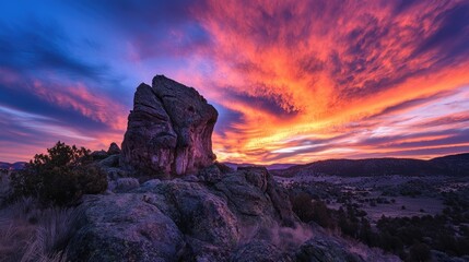 Poster - Stunning sunset sky with vibrant colors illuminating rocky landscape under dramatic clouds in serene natural setting