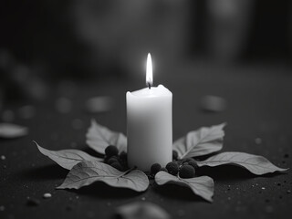 Poster - A Burning Candle Surrounded By Fallen Leaves, Soft Light, Symbolic Of Remembrance, Monochromatic Style, Respectful Tone 00002