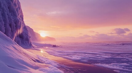 Poster - Stunning frozen beach landscape at sunrise with colorful sky and ice formations along the shoreline