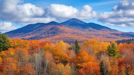 Poster - Stunning Autumn Landscape with Vibrant Foliage and Majestic Mountain Peaks under a Scenic Blue Sky