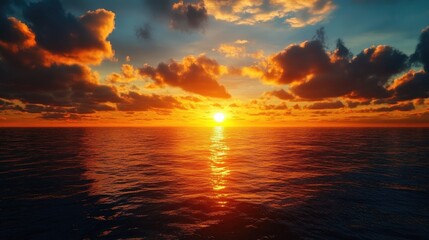 Poster - Breathtaking sunset over calm ocean waters with vibrant colors and dramatic clouds illuminating the sky at twilight