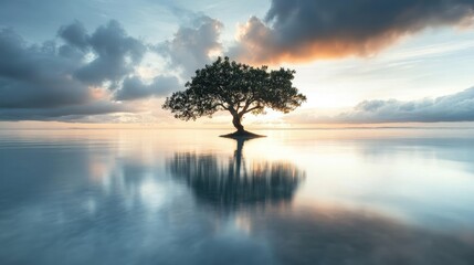 Aufkleber - serene sunset landscape with solitary tree reflecting in calm water under dramatic clouds