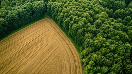 Poster - Aerial view of golden wheat fields meeting lush green forest showcasing a harmonious agricultural landscape with space for text insertion