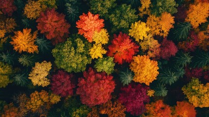 Aufkleber - Vibrant aerial view of autumn foliage showcasing colorful leaves with ample copyspace for promotional or creative text addition