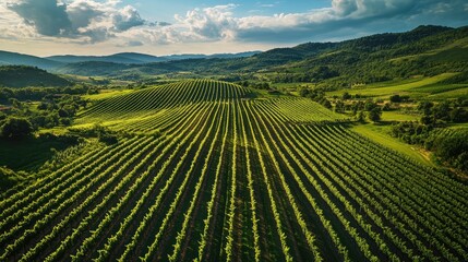 Aufkleber - Aerial view of expansive vineyard rows against green hills with clear sky ideal for text placement in promotional materials