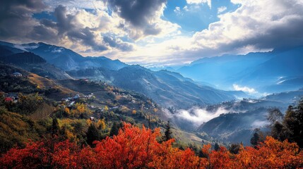Poster - Breathtaking autumn panorama of mountains featuring vibrant foliage and dramatic cloud formations in a serene natural landscape.