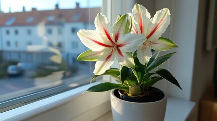Aufkleber - Beautiful double white hippeastrum flower with red stripes thriving as an ornamental houseplant on a sunlit window sill