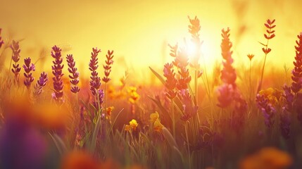 Aufkleber - Summer Meadow at Sunset with Lavender and Wildflowers in a Vibrant Botanical Field Creating a Serene Nature Scene