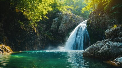 Poster - Cascading waterfall in a vibrant emerald pool framed by lush greenery and rugged rocks creating a tranquil natural landscape scene