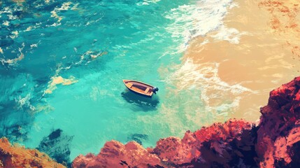 Poster - Vibrant aerial view of a tranquil beach with a lone boat amidst stunning turquoise waters and rocky coastline.