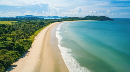 Poster - Aerial View of Scenic White Sand Beach Surrounded by Lush Greenery and Clear Blue Waters Ideal for Text Placement