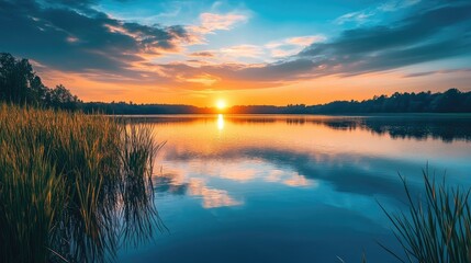 Poster - Scenic sunset over calm waters with vibrant reflections and lush grass along the shore creating a tranquil nature composition
