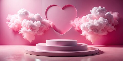 Wall Mural - Pink Podium with Heart Clouds: Romantic Product Display Background