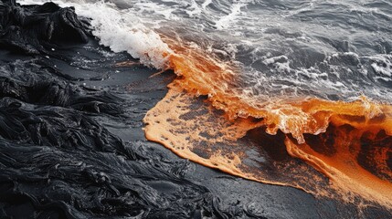 Poster - Stunning ocean waves crashing onto a volcanic lava coast with contrasting colors and textures in a dramatic seascape setting.