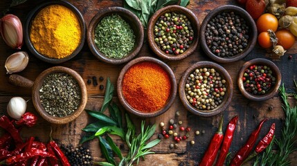 Aufkleber - Preparing a Variety of Fresh Herbs and Spices in Rustic Wooden Bowls for Culinary Excellence