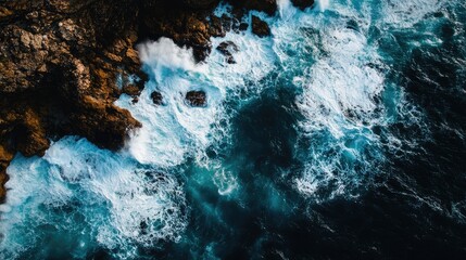 Aufkleber - Aerial view of turbulent ocean waves crashing against rugged rocky coastline with clear space for text and branding placement