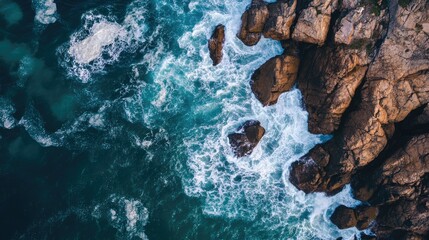 Leinwandbilder - Aerial view of crashing waves against a rugged rocky coastline with clear space for text and stunning coastal scenery