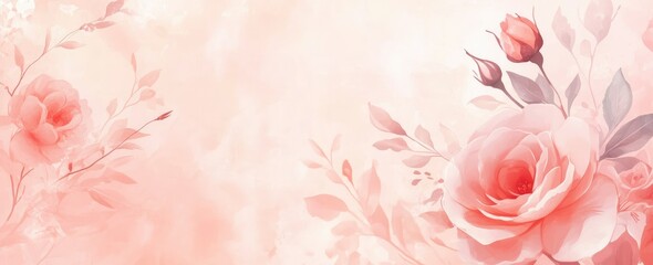  Beautiful pastel pink rose banner, close-up of rose flowers on a soft background with copy space for text. Valentine's Day card design. Soft focus. Trendy for website header in an e-commerce store.