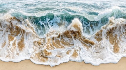 Leinwandbilder - Aerial perspective of dynamic ocean waves crashing on sandy shore showcasing frothy water patterns and vibrant coastal textures