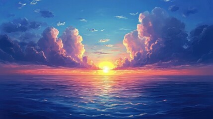Aufkleber - Vibrant summer sunset over deep blue ocean with dramatic clouds and expansive horizon creating a serene coastal atmosphere