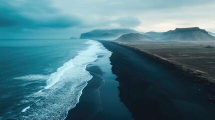 Aufkleber - Dramatic view of black sand dunes meeting the ocean under moody clouds and misty cliffs in a breathtaking coastal landscape.