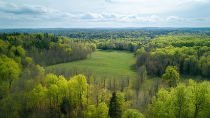 Poster - Aerial view of lush green trees and vibrant fields showcasing nature's beauty in a serene landscape under a cloudy sky
